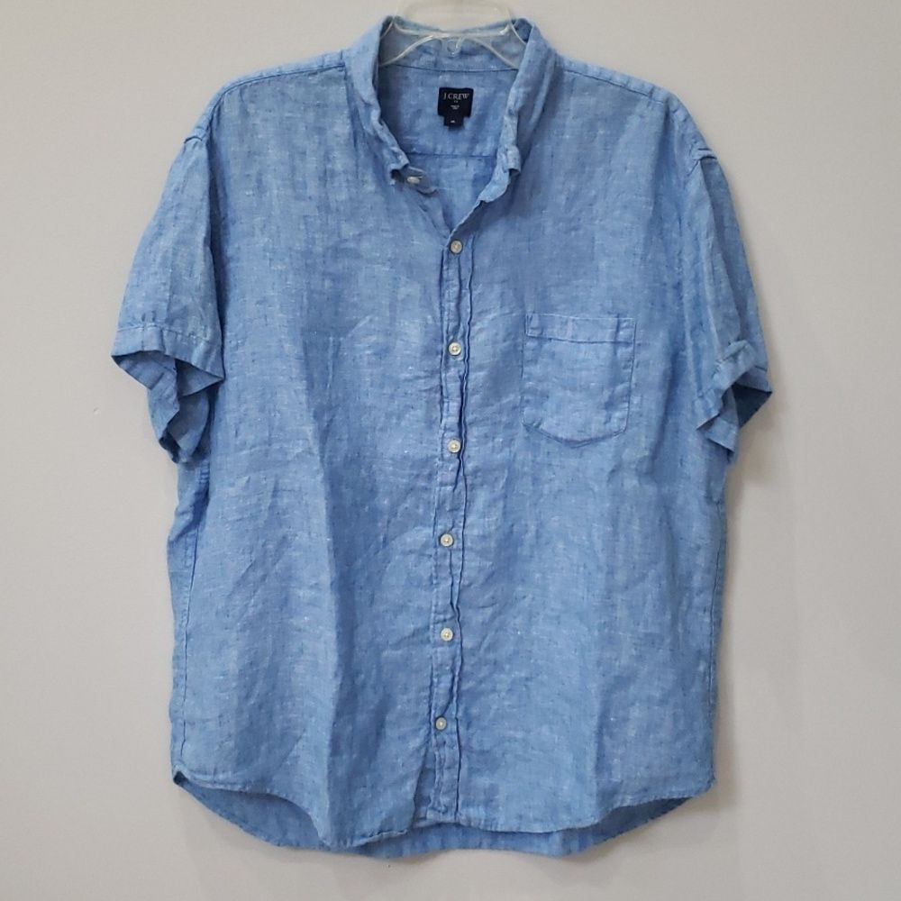 J Crew Shirt Mens XL Linen Blue S/S Button Up Casual Cruise Resortwear Minimal